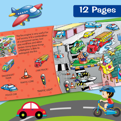 6 Amazing Transport Puzzles in One Book - construction site, airport, water transport, city road, street, railway station scenes