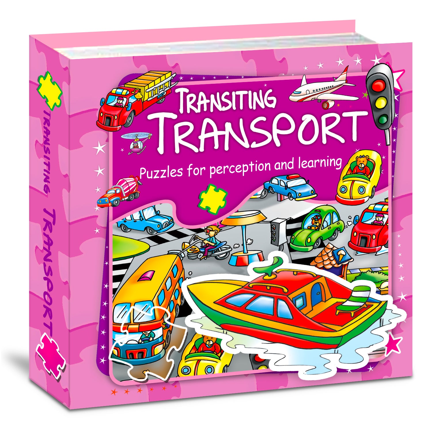 Transiting Transport 6-in-1 Puzzle Board Book front cover - boat puzzle piece in busy transport scene - Hello Friends