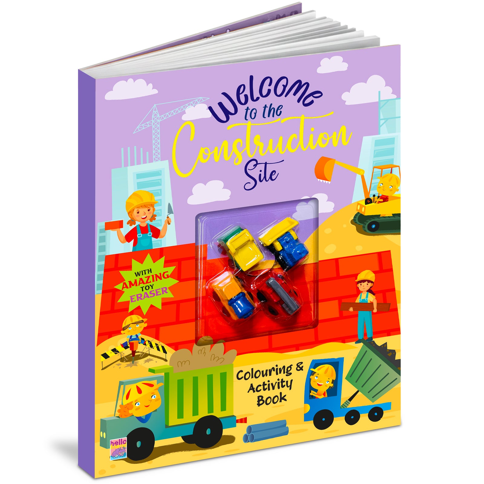 Welcome to the Construction Site - Front Cover with toy vehicle erasers