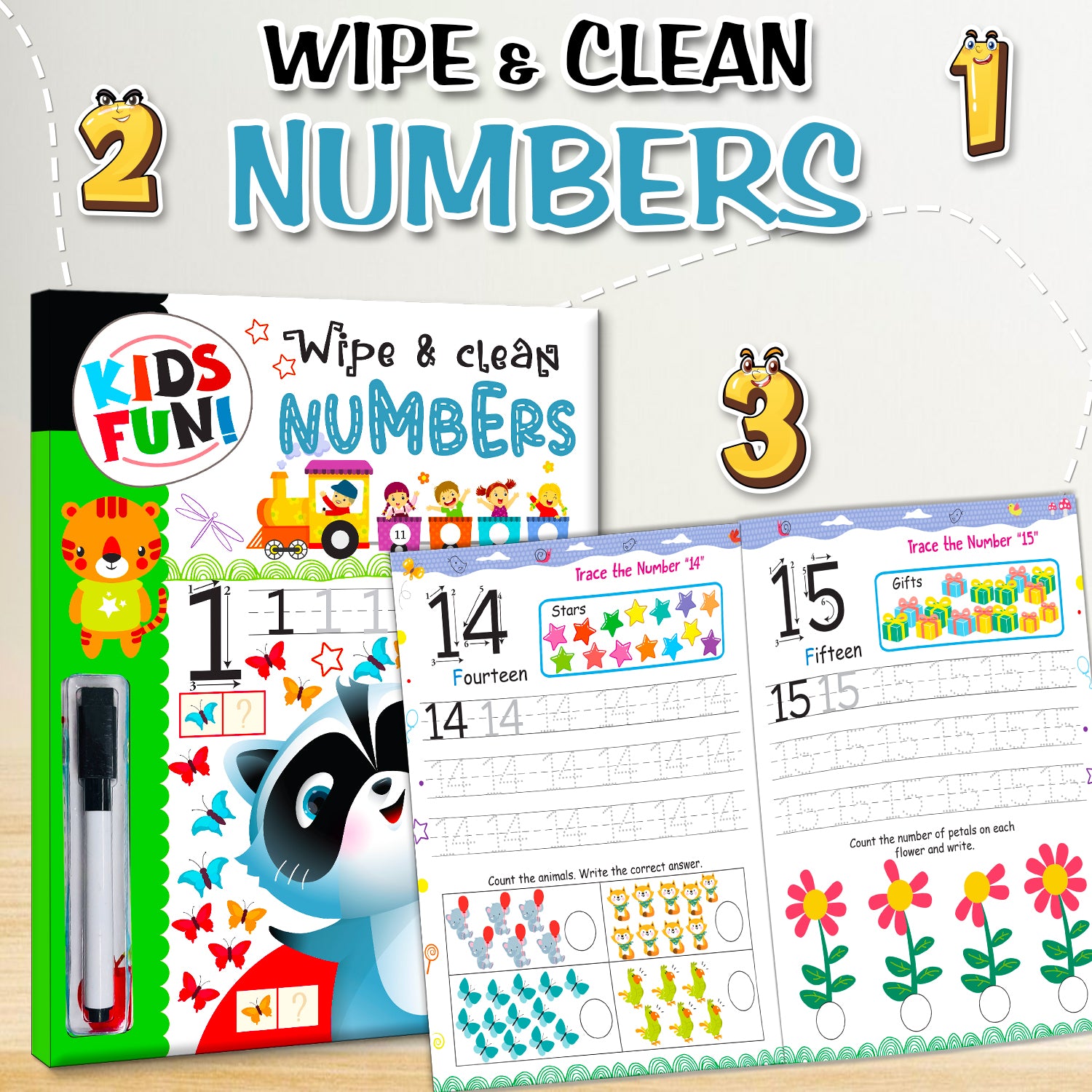 Wipe & Clean Numbers - Front cover with raccoon