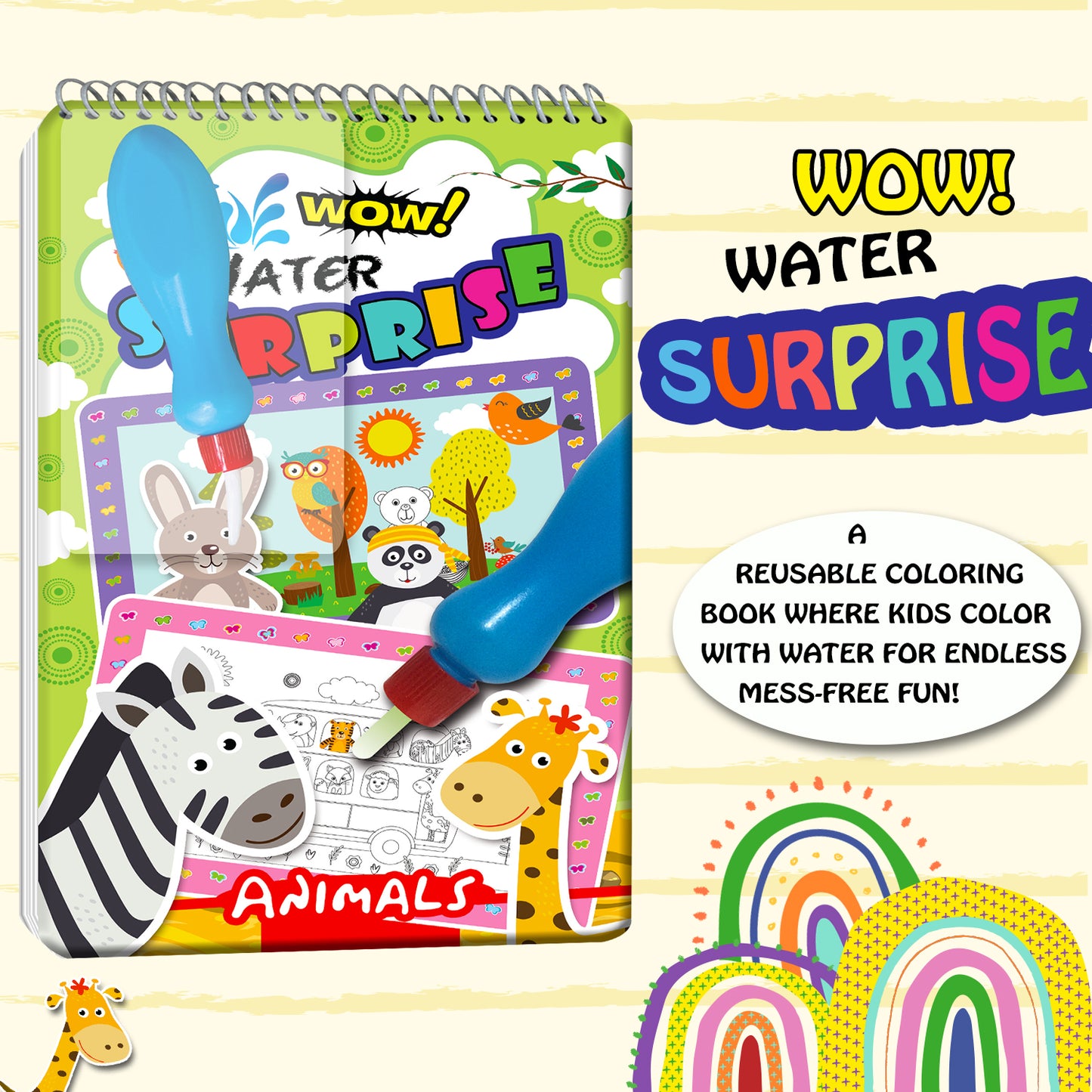 Wow Water Surprise – Animals | Reusable Water Magic Coloring Book for Kids | Mess-Free Animal Activity Book